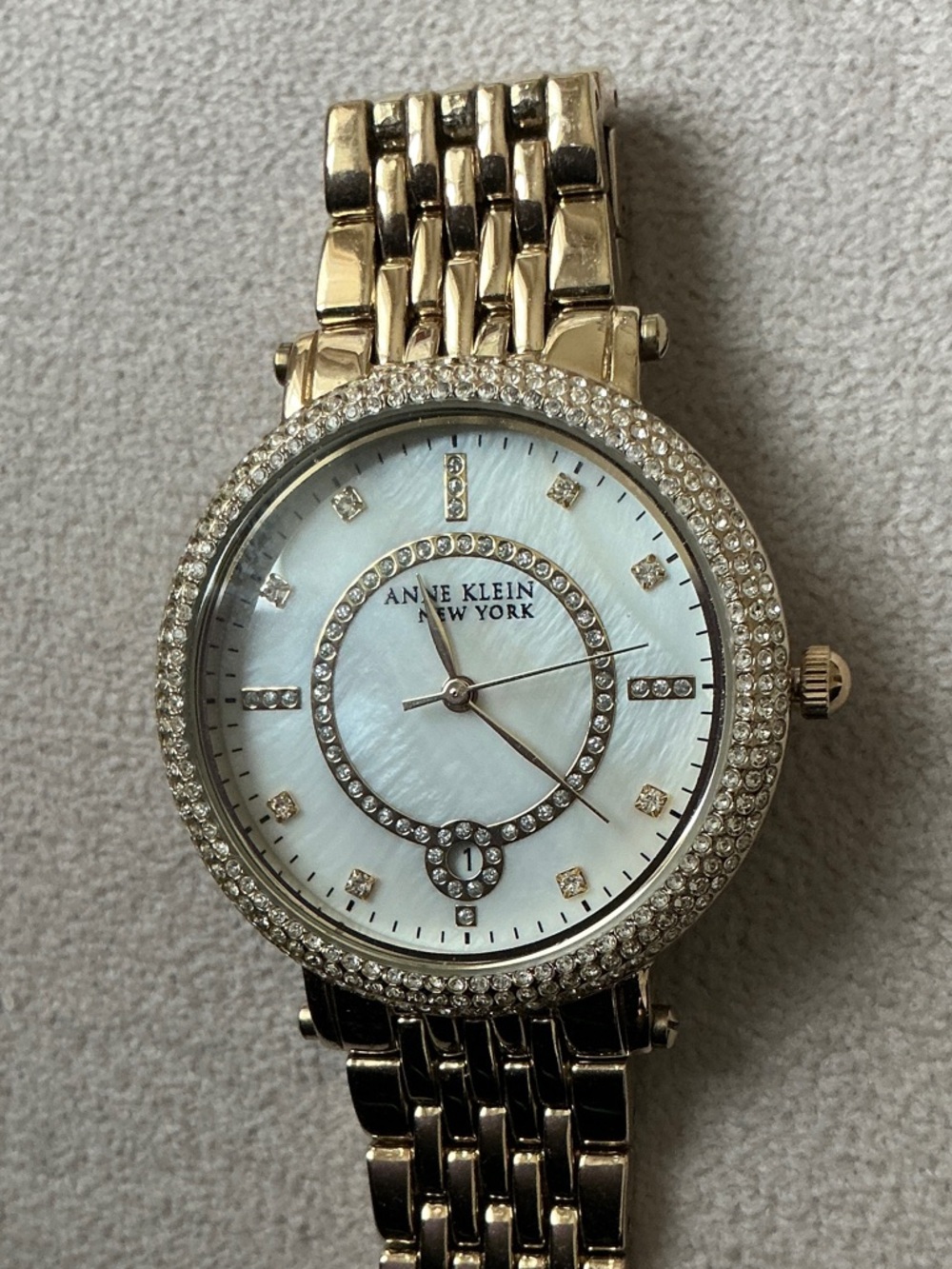 Anne Klein Gold Tone Mother-of-Pearl Dial Crystal-Accented Women’s Watch